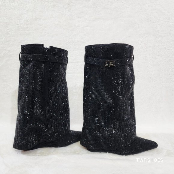 Betty Sparkling Black Rhinestone Fold Over Calf Boots 4.5" Wedge Heels - Picture 1 of 7